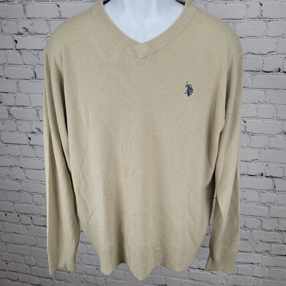 US Polo Assn Beige Soft V Neck Pullover Embroidered Logo Sweater Size XL